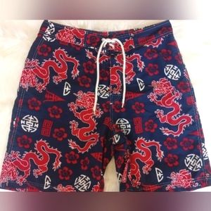 Men's Dragon Print Swim Trunks - Red and Blue